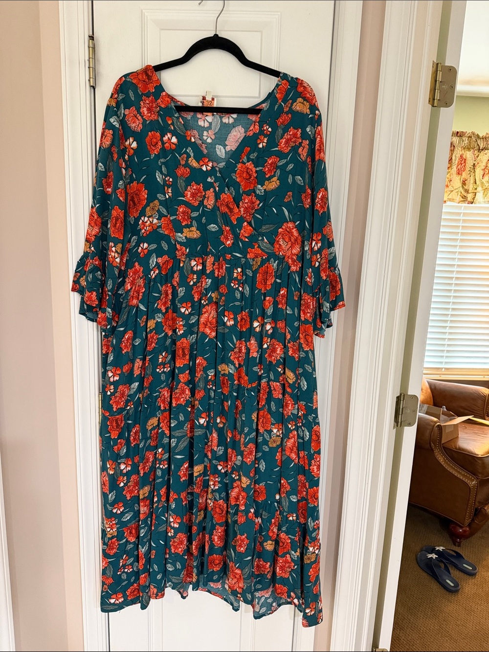 Hayden Los Angeles Teal Floral Midi Dress with Red Rose Print, 1X